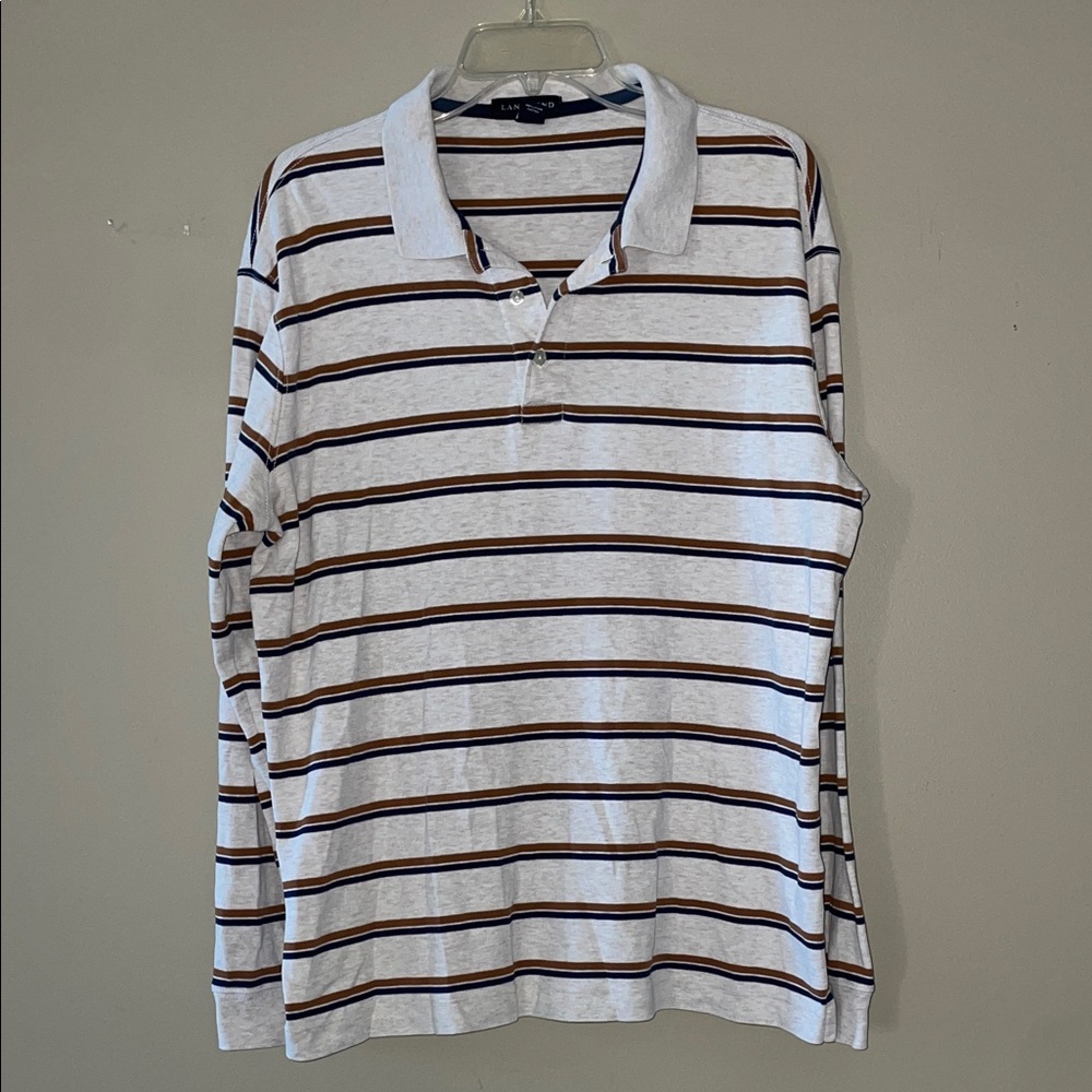 Lands’ End Tan and Blue Striped Polo Shirt